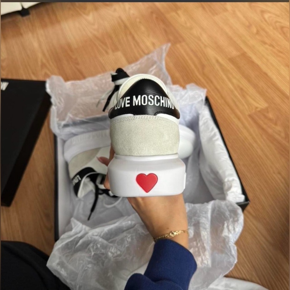Love Moschino White and Black Sneakers with Red Heart Accent